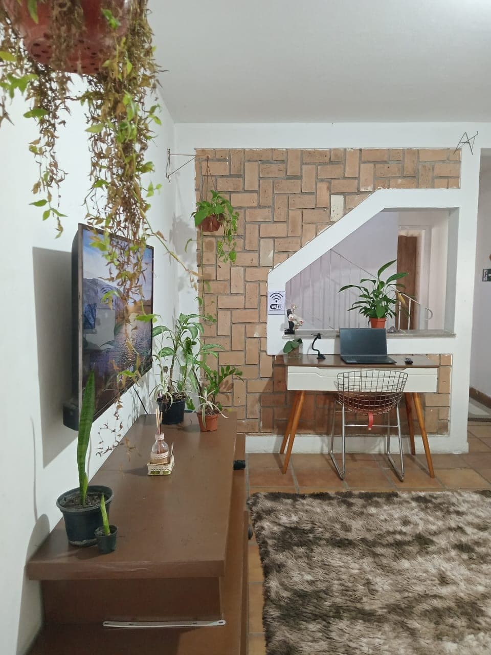 Sala de TV da Kadiniz House com rack de madeira e plantas